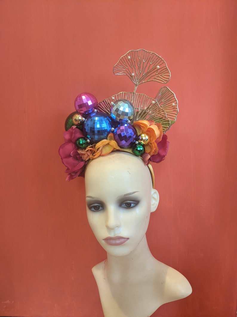 Rainbow glitterball headdress, festival headband, disco headdress image 5