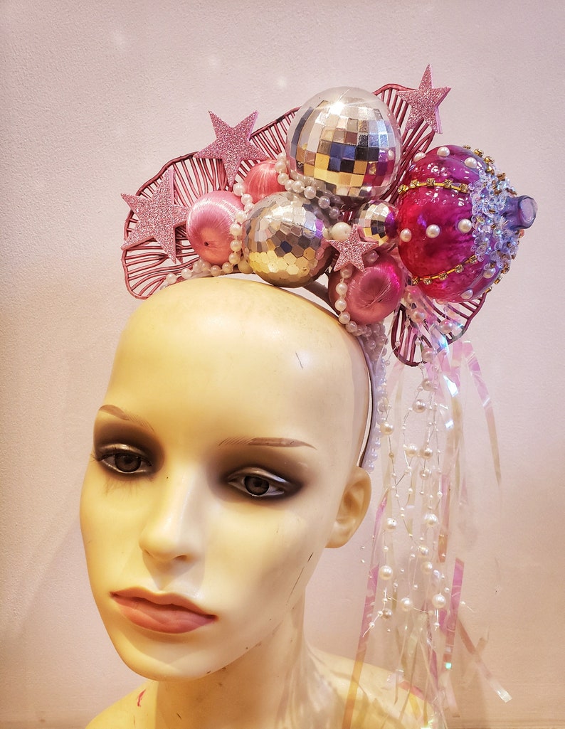 Pink mermaid crown, glitterball disco headdress, undersea sparkly headpiece image 3