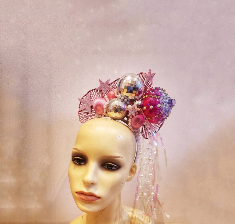 Pink mermaid crown, glitterball disco headdress, undersea sparkly headpiece image 2