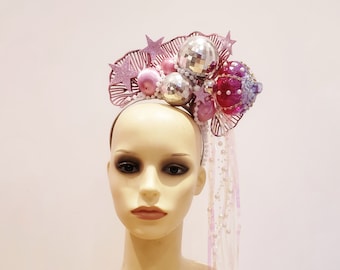 Pink mermaid crown, glitterball disco headdress, undersea sparkly headpiece