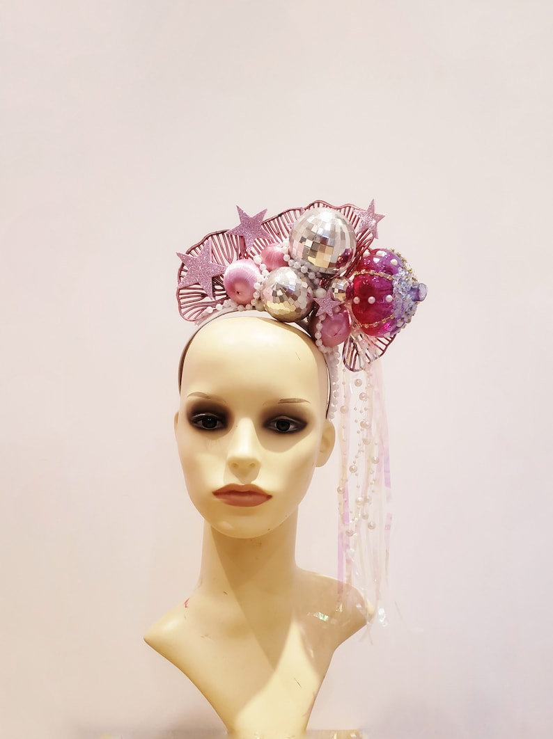 Pink mermaid crown, glitterball disco headdress, undersea sparkly headpiece image 1