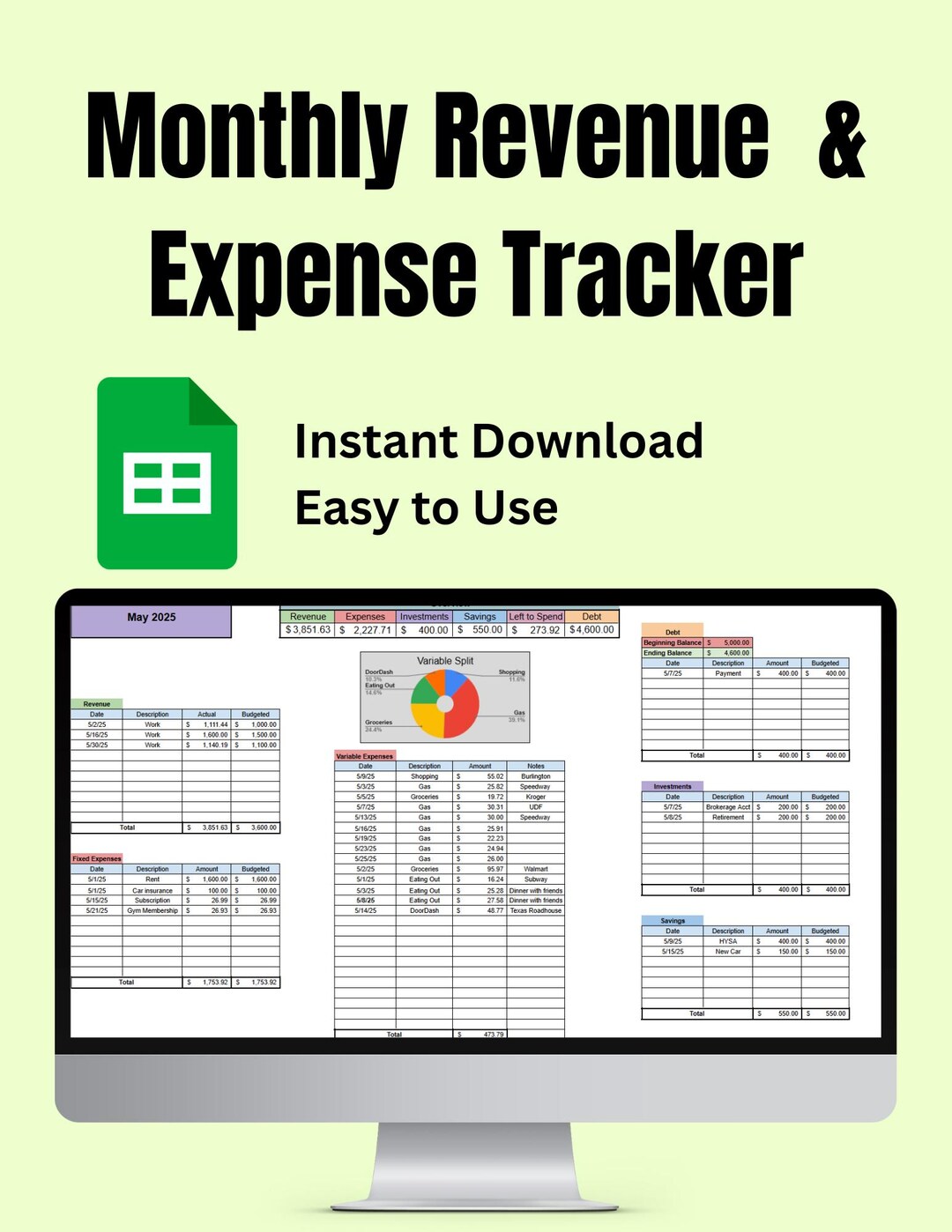 Google Sheets Expense Tracker: Monthly Budget Template (digital ...