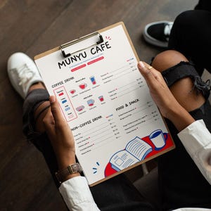 Modelo de cardápio de café fofo – divertido, minimalista, ilustrado – editável no Canva e no Illustrator – cardápio de café para impressão – tamanho A4 e carta dos EUA