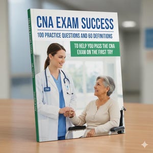 Puede incluir: Un libro titulado "CNA Exam Success" con texto que dice "100 Preguntas de práctica y 60 Definiciones" y "Para ayudarte a aprobar el examen CNA a la primera". La portada presenta a un médico sonriente y a una anciana.