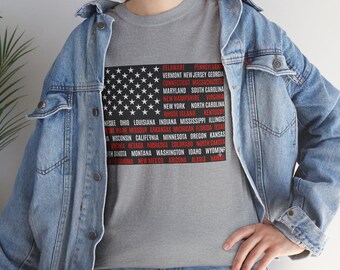 All US State Names American Flag T-Shirt, Patriotic Typography Tee, 4th of July Independence Day Gift for Him, Unisex Patriotic Cotton Shirt