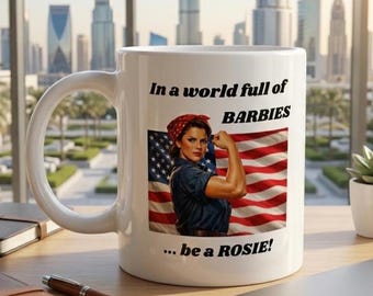 Rosie the Riveter with American Flag 20oz White Ceramic Mug, Feminist Retro Patriotic 4th of July Independence Day Gift for Him & Tea Lovers