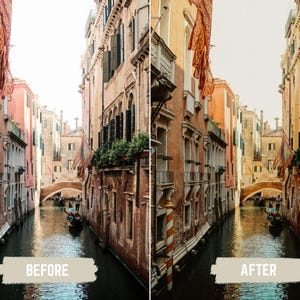 May include: A side-by-side comparison of a canal scene in Venice, Italy, labeled "BEFORE" and "AFTER." The image shows narrow waterways flanked by aged buildings with arched windows and balconies. Gondolas are visible on the water, and flags hang from the buildings.