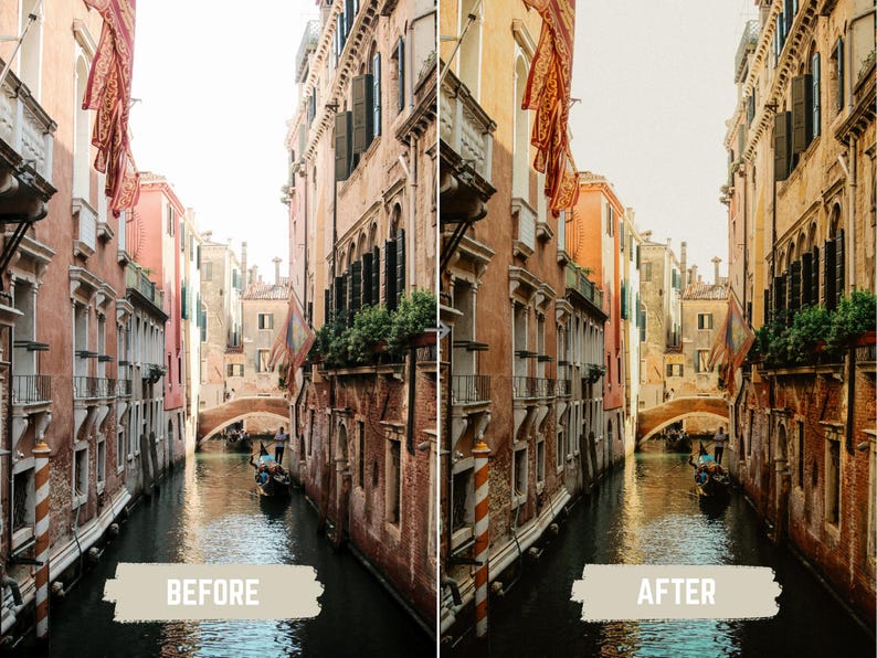May include: A side-by-side comparison of a canal scene in Venice, Italy, labeled "BEFORE" and "AFTER." The image shows narrow waterways flanked by aged buildings with arched windows and balconies. Gondolas are visible on the water, and flags hang from the buildings.