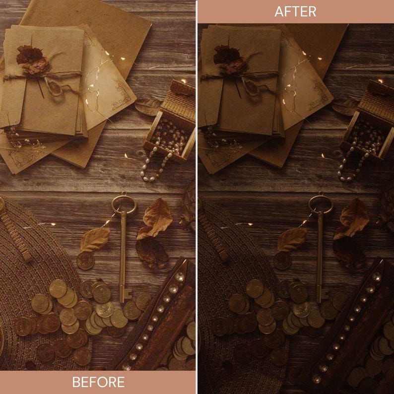 May include: A still-life composition featuring vintage elements. Brown envelopes tied with twine, a small wooden box with beads, a skeleton key, and scattered coins rest on a wooden surface. The image is divided into "BEFORE" and "AFTER" sections, showcasing a photo edit.