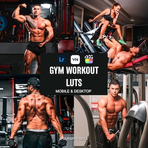 May include: A digital product advertisement featuring four gym scenes with muscular individuals exercising. The central black text reads GYM WORKOUT LUTS MOBILE & DESKTOP, accompanied by icons for Lr, VN, and Final Cut Pro, with OURSPRESETS at the bottom.