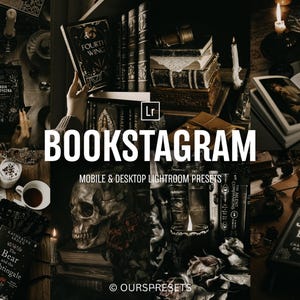 Może przedstawiać: Mroczny obraz z książkami, świecami i czaszką, z napisem "BOOKSTAGRAM" w kolorze białym. Widoczny jest również tekst "MOBILE & DESKTOP LIGHTROOM PRESETS". Widoczne są tytuły kilku książek, tworząc tajemniczą atmosferę.