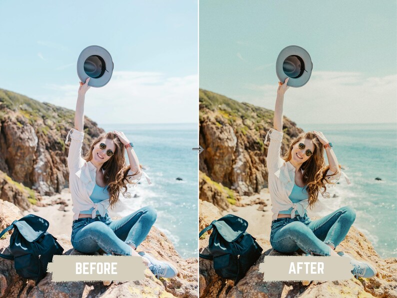 May include: A woman wearing sunglasses, a white shirt, blue top, and jeans, holding a gray hat up in the air. She is sitting on a rock with a backpack next to her. The background shows a coastal landscape with a blue sky and ocean.