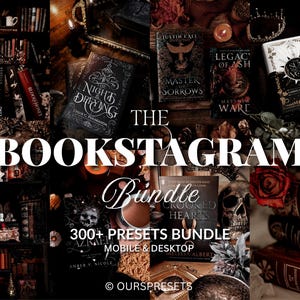 May include: A digital collection of 300+ photo presets titled THE BOOKSTAGRAM Bundle, featuring a collage of dark, moody aesthetic book photography with skulls, roses, candles, and various hardcover books displayed on shelves and tables.