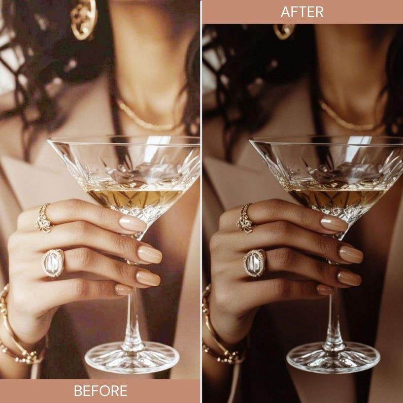 May include: A before-and-after image shows a hand holding a crystal cocktail glass filled with a golden liquid. The hand is adorned with gold rings and bracelets. The background is a neutral color, with the text "BEFORE" and "AFTER".
