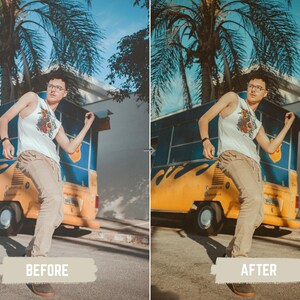 May include: A person wearing a white tank top with a floral design and tan pants stands in front of a yellow and blue bus. The image is taken outdoors with palm trees and a blue sky in the background. The text "BEFORE" is at the bottom.