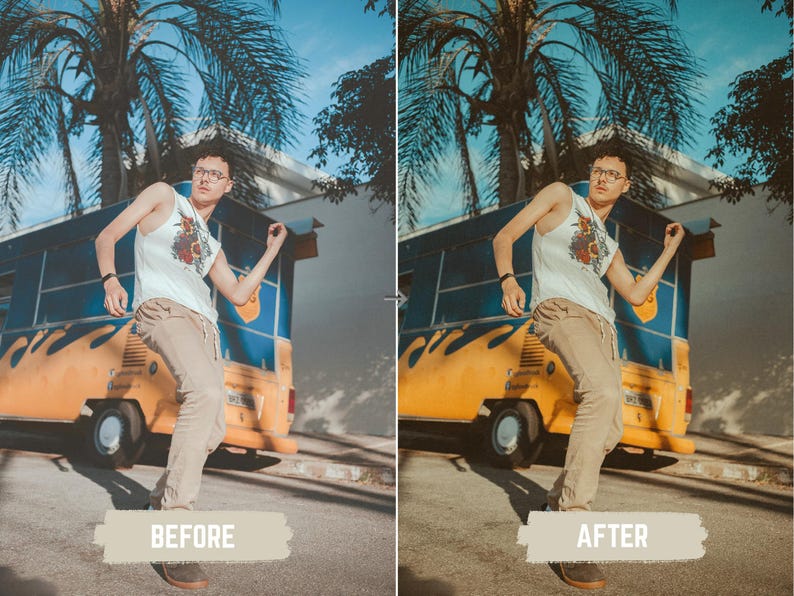 May include: A person wearing a white tank top with a floral design and tan pants stands in front of a yellow and blue bus. The image is taken outdoors with palm trees and a blue sky in the background. The text "BEFORE" is at the bottom.