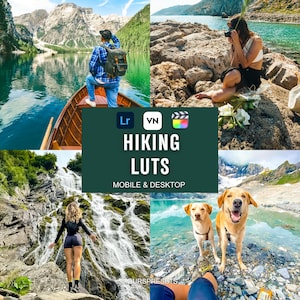 Op de afbeelding: Een collage van buitenscènes met een meer, bergen en watervallen. De afbeelding toont een persoon in een boot, een persoon die foto's maakt en twee honden. De tekst "HIKING LUTS" wordt weergegeven met "MOBILE & DESKTOP" eronder.
