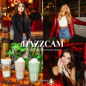 May include: A collage featuring four images: a person in a black jacket, a person in a red jacket and denim skirt, three glasses of iced beverages with whipped cream, and a person in a dark top. Text reads DAZZCAM MOBILE & DESKTOP LIGHTROOM PRESETS.