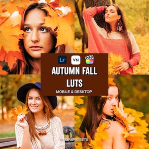 May include: A digital product advertisement for Autumn Fall LUTs for mobile and desktop, featuring four photographic portraits of individuals surrounded by vibrant orange and yellow autumn leaves, with the text AUTUMN FALL LUTS MOBILE & DESKTOP.