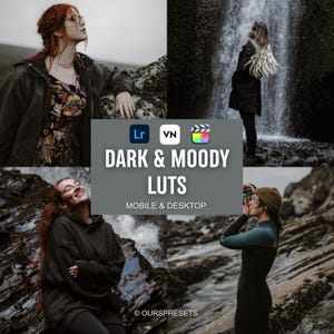 Puede incluir: Un collage de cuatro imágenes con una estética oscura y melancólica. Las imágenes presentan personas en entornos al aire libre, con una cascada y terreno rocoso. La superposición de texto dice "DARK & MOODY LUTS" y "MOBILE & DESKTOP".