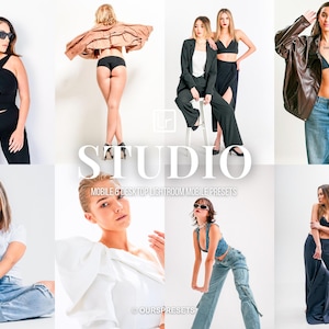 May include: A collection of eight diverse fashion photographs featuring various outfits including black tops, blazers, denim jeans, and white blouses. The central text reads STUDIO MOBILE & DESKTOP LIGHTROOM MOBILE PRESETS and OURPRESETS.