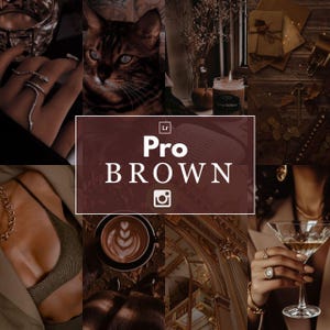 May include: A collage featuring a brown cat, a cup of coffee with latte art, a martini, jewelry, and other decorative items. The text "Pro BROWN" is displayed in a white font on a brown background, with an Instagram logo.