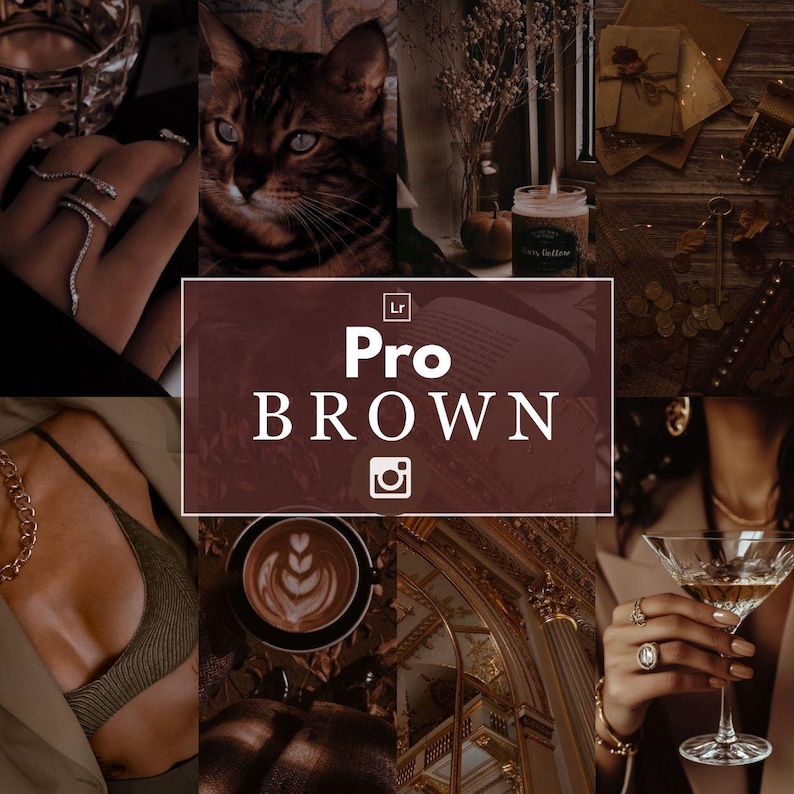 May include: A collage featuring a brown cat, a cup of coffee with latte art, a martini, jewelry, and other decorative items. The text "Pro BROWN" is displayed in a white font on a brown background, with an Instagram logo.