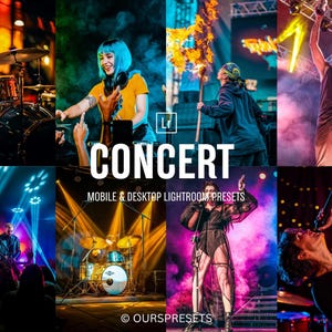 Op de afbeelding: Een collage van concertscènes met muzikanten op het podium. De afbeelding toont een drummer, een DJ, een persoon met een fakkel, een zanger en een persoon die in een microfoon zingt. Het woord "CONCERT" wordt in grote witte letters weergegeven.