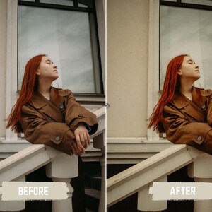 May include: A woman with long red hair wearing a brown coat, leaning on a white railing. The image is split, with "BEFORE" text at the bottom left and "AFTER" at the bottom right, suggesting a photo editing comparison.
