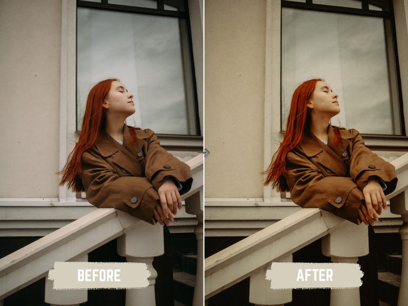 May include: A woman with long red hair wearing a brown coat, leaning on a white railing. The image is split, with "BEFORE" text at the bottom left and "AFTER" at the bottom right, suggesting a photo editing comparison.