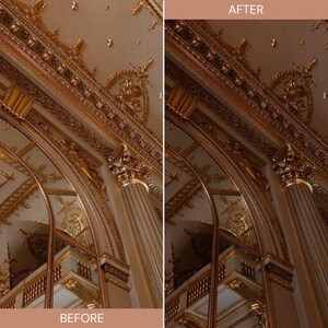 May include: A side-by-side comparison of a room's ceiling and architectural details before and after editing. The image showcases ornate gold detailing against a cream-colored background, including columns, arches, and decorative moldings. The text "AFTER" and "BEFORE" are visible.