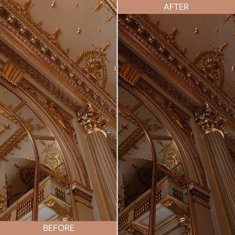 May include: A side-by-side comparison of a room's ceiling and architectural details before and after editing. The image showcases ornate gold detailing against a cream-colored background, including columns, arches, and decorative moldings. The text "AFTER" and "BEFORE" are visible.