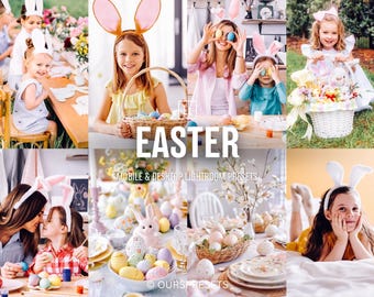 15 ajustes preestablecidos de Lightroom para una Pascua feliz, filtros primaverales luminosos y aireados, ajustes preestablecidos familiares en tonos pastel claros, ajustes preestablecidos para Instagram Blogger, para dispositivos móviles y computadoras de escritorio.
