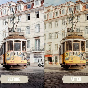 May include: A vintage yellow tram with brown accents is parked on cobblestone streets in front of a cream-colored building with red-tiled roofs. The tram has the text "Carreira 28" on top. The image includes the text "BEFORE" and "AFTER".