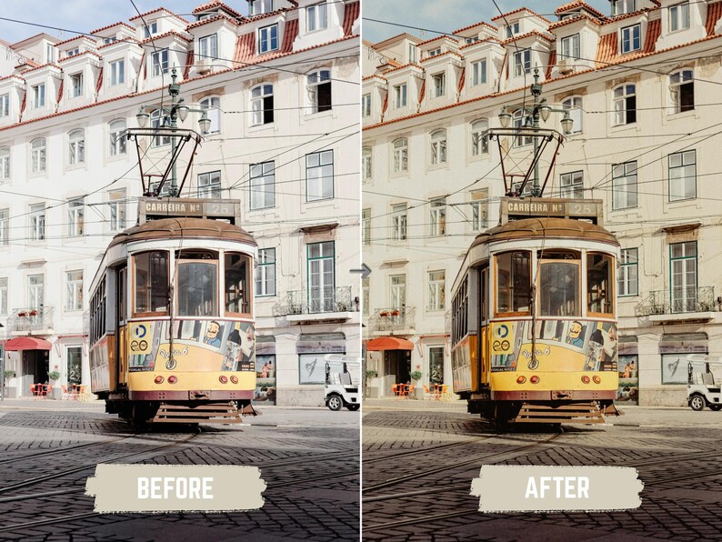 May include: A vintage yellow tram with brown accents is parked on cobblestone streets in front of a cream-colored building with red-tiled roofs. The tram has the text "Carreira 28" on top. The image includes the text "BEFORE" and "AFTER".