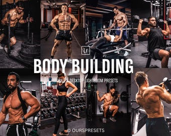 May include: A collage of images showcasing bodybuilders in a gym setting. The images feature individuals lifting weights, using gym equipment, and posing. The text "BODY BUILDING" is prominently displayed, along with "MOBILE & DESKTOP LIGHTROOM PRESETS".