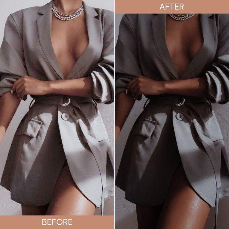 May include: A gray blazer with a wrap-style skirt, featuring a belt with a silver buckle. The blazer has pockets and is paired with a silver chain necklace. The image shows a before and after comparison.