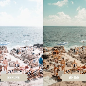 May include: A beach scene with people relaxing on the shore. Striped deck chairs and umbrellas are set up on the rocky beach. The ocean is in the background under a blue sky. The text "BEFORE" is visible.