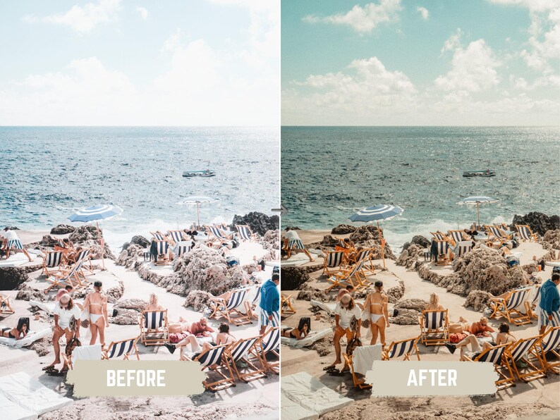 May include: A beach scene with people relaxing on the shore. Striped deck chairs and umbrellas are set up on the rocky beach. The ocean is in the background under a blue sky. The text "BEFORE" is visible.