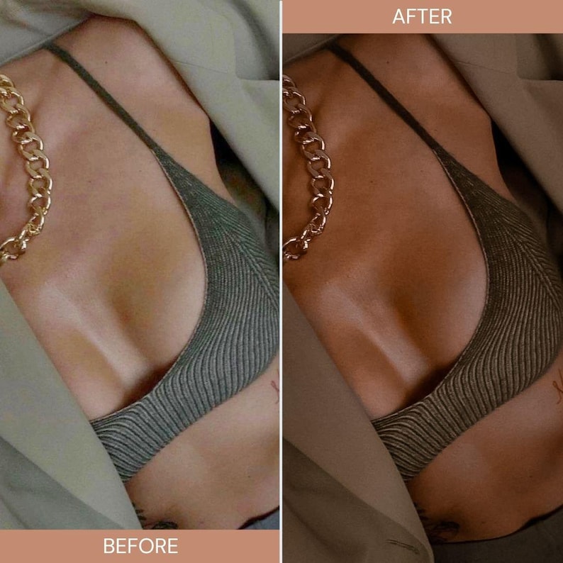 May include: A split-screen image showing a before-and-after comparison. The "before" side features a person wearing a ribbed olive green bikini top and a gold chain necklace. The "after" side shows the same person with a slightly darker skin tone.