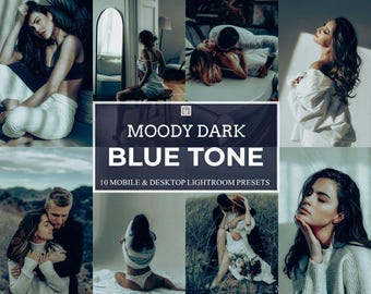 May include: A collage of images with a moody, dark blue tone. The text overlay reads "Moody Dark Blue Tone" and "10 Mobile & Desktop Lightroom Presets." The images feature people in various poses, with a consistent aesthetic.