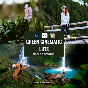 Peut inclure: Un collage d'images avec un texte central indiquant "GREEN CINEMATIC LUTS" et "MOBILE & DESKTOP". En haut à gauche, une fleur rose, et en haut à droite, une personne debout sur un pont en bois. D'autres images montrent des cascades et des personnes.