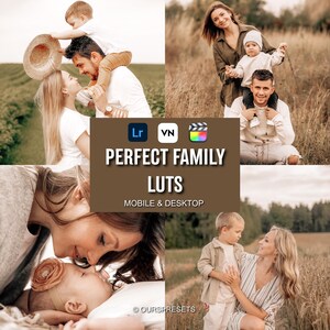 May include: A collage of family photos with a warm, natural aesthetic. The images feature parents and children in outdoor settings. Text on the image reads "PERFECT FAMILY LUTS" and "MOBILE & DESKTOP". The overall theme is family and lifestyle.
