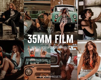Más de 35 presets de Lightroom para película de 35 mm para escritorio y móvil / Filtros vintage, retro, cinematográficos, de película y fotografía