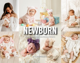 May include: A collection of newborn photography presets featuring infants in various settings, including a baby in a pink hooded sweater, a baby in a white bunny hat, and a baby in a white knit outfit on a swing. Text reads NEWBORN MOBILE & DESKTOP LIGHTROOM PRESETS.