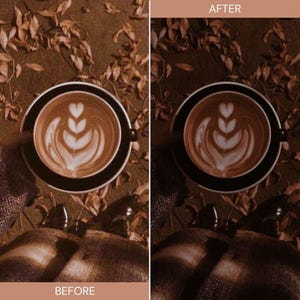 May include: A top-down view of a coffee cup with latte art. The coffee is in a black cup and saucer, with a heart and leaf design in the foam. The background is a brown surface with leaves and the text "BEFORE" and "AFTER".