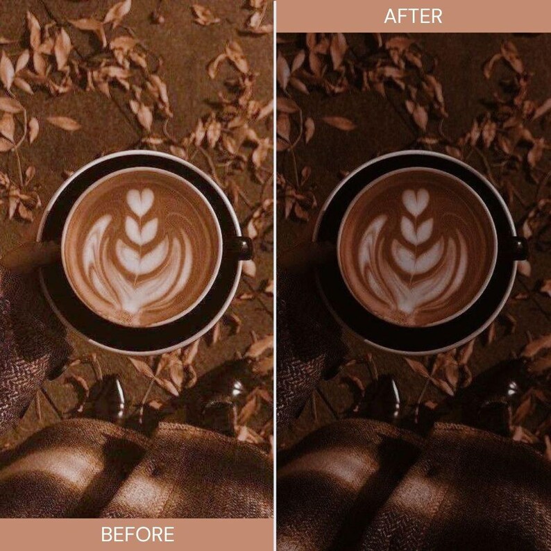 May include: A top-down view of a coffee cup with latte art. The coffee is in a black cup and saucer, with a heart and leaf design in the foam. The background is a brown surface with leaves and the text "BEFORE" and "AFTER".