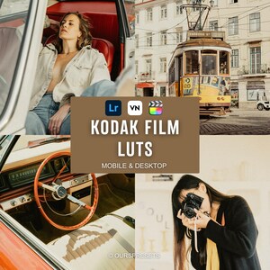 Thumbnail collage preview of Kodak film style LUTs for video editing showing woman relaxing in vintage car, classic city tram, retro car interior and photographer shooting on analog camera, all graded with warm cinematic tones, faded blacks and subtle film grain. Central text reads Kodak Film LUTs mobile and desktop with Lightroom, VN and Final Cut icons, demonstrating vintage color grading for DaVinci Resolve, Premiere Pro and social media creators.