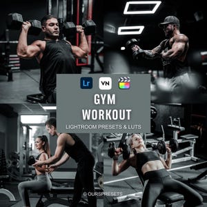 Peut inclure: Un collage d'images illustrant des séances d'entraînement en salle de sport. Le texte central indique "GYM WORKOUT LIGHTROOM PRESETS & LUTS". Diverses personnes sont représentées en train de soulever des haltères, mettant l'accent sur le fitness et l'exercice.