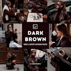 Könnte beinhalten: Eine digitale Sammlung von Dark Brown Lightroom-Presets für Mobilgeräte und Desktop, bestehend aus einer Collage von Lifestyle-Bildern in tiefen Brauntönen, darunter eine Lederjacke, Kaffeetassen, eine Kamera und eine Handtasche.